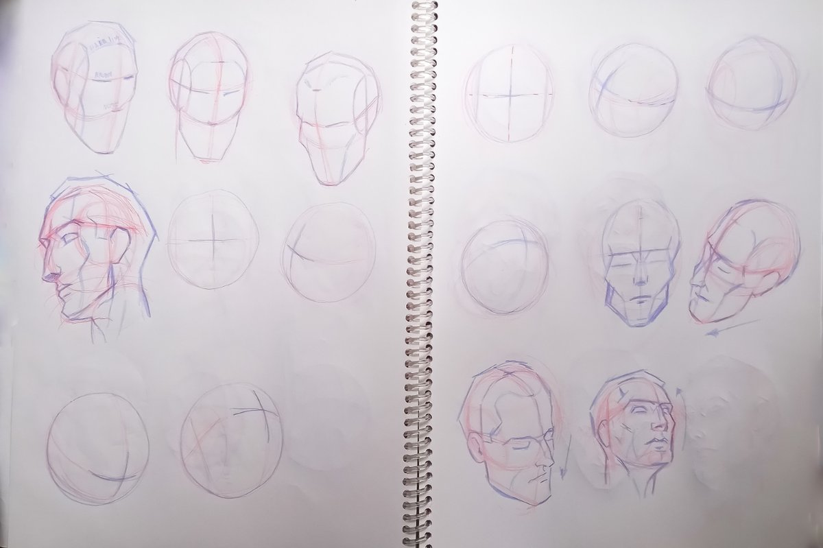 exjuir's tweet photo. The image is a practice of Loomis head, round and cross. They are basic techniques to draw faces with correct proportions and perspectives. 

#dibujoalapiz  #arte  #ilustracion https://t.co/pF2lQvUZQV