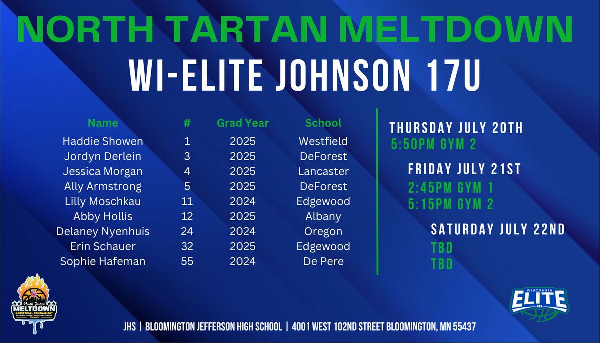 Our Johnson 17U team is excited to head to the North Tartan Meltdown.
<a href="/HaddieShowen/">Haddie Showen</a> 
<a href="/DelaneyN20/">Delaney N</a> 
<a href="/allyarmstrong02/">Ally Armstrong</a> 
<a href="/AbbyHollis4/">Abby Hollis</a> 
<a href="/lillymoschkau/">Lilly Moschkau</a> 
<a href="/HafemanSophie/">Sophie Hafeman</a> 
<a href="/erinnschauer/">Erin Schauer</a> 
<a href="/jordynderlein/">Jordyn Derlein</a> 
@MorganJessica52