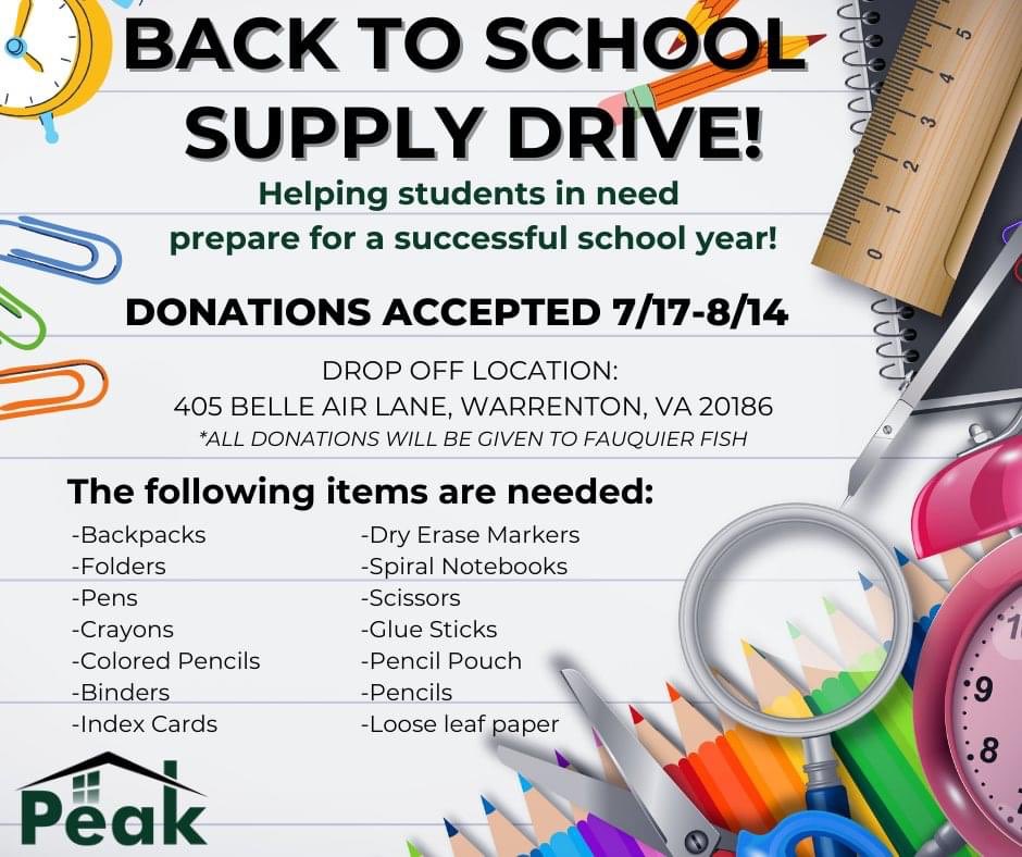 The school year is just around the corner and we want to help students in need prepare for a successful school year!  We will be accepting donations from 7/17-8/14. All donations will be given to Fauquier Fish to help support our Fauquier students. 🎒📓🖍✏️📗✏️ #schoolsupplydrive