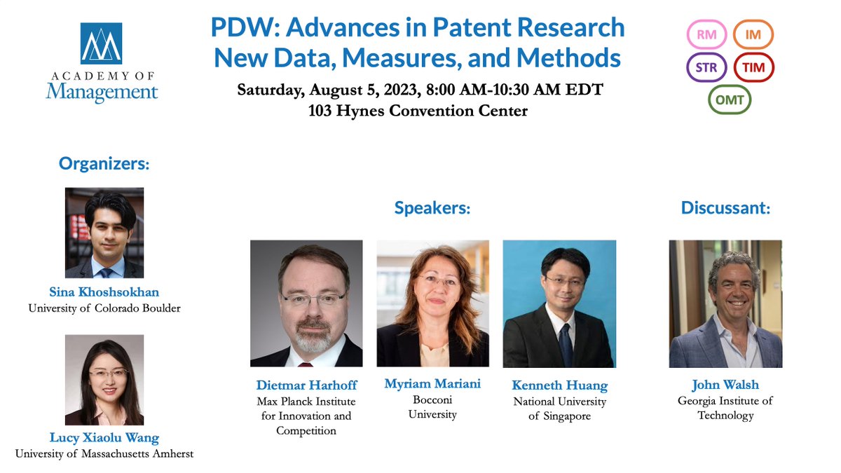 Sina Khoshsokhan (@sinakhs) on Twitter photo Heading to AoM? Join us to learn about recent advances in patent research. <a href="/LucyXiaolu_Wang/">Lucy Xiaolu Wang</a> & I are thrilled to host in this year's Patent PDW a stellar set of IP/innovation scholars: <a href="/DietmarHarhoff/">Dietmar Harhoff</a>, <a href="/MarianiMyriam/">Myriam Mariani</a>, <a href="/KennethGHuang/">Kenneth G. Huang</a>, and John Walsh.
Aug. 5, 8am-10:30am, 103 Hynes Heading to AoM? Join us to learn about recent advances in patent research. <a href="/LucyXiaolu_Wang/">Lucy Xiaolu Wang</a> & I are thrilled to host in this year's Patent PDW a stellar set of IP/innovation scholars: <a href="/DietmarHarhoff/">Dietmar Harhoff</a>, <a href="/MarianiMyriam/">Myriam Mariani</a>, <a href="/KennethGHuang/">Kenneth G. Huang</a>, and John Walsh.
Aug. 5, 8am-10:30am, 103 Hynes