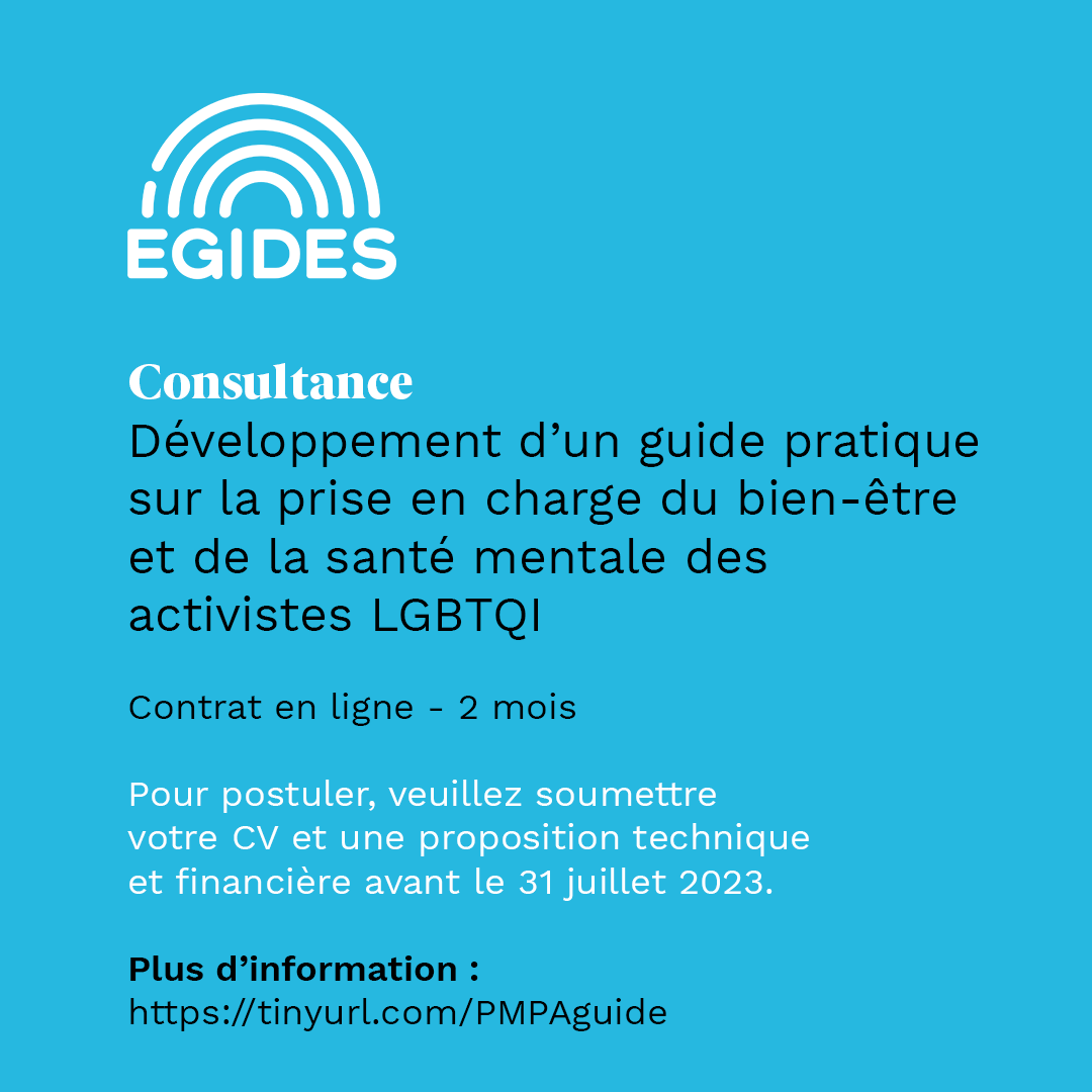 EgidesAlliance's tweet photo. À la recherche d'un.e consultant.e pour développer un outil de « self-care » pour les activistes LGBTQI. 

Vous pouvez soumettre votre CV (Format PDF) et une proposition technique et financière, avant le 31 juillet 2023

Plus d'information : https://t.co/P27Q4WZhwH https://t.co/pghbm9GMzX
