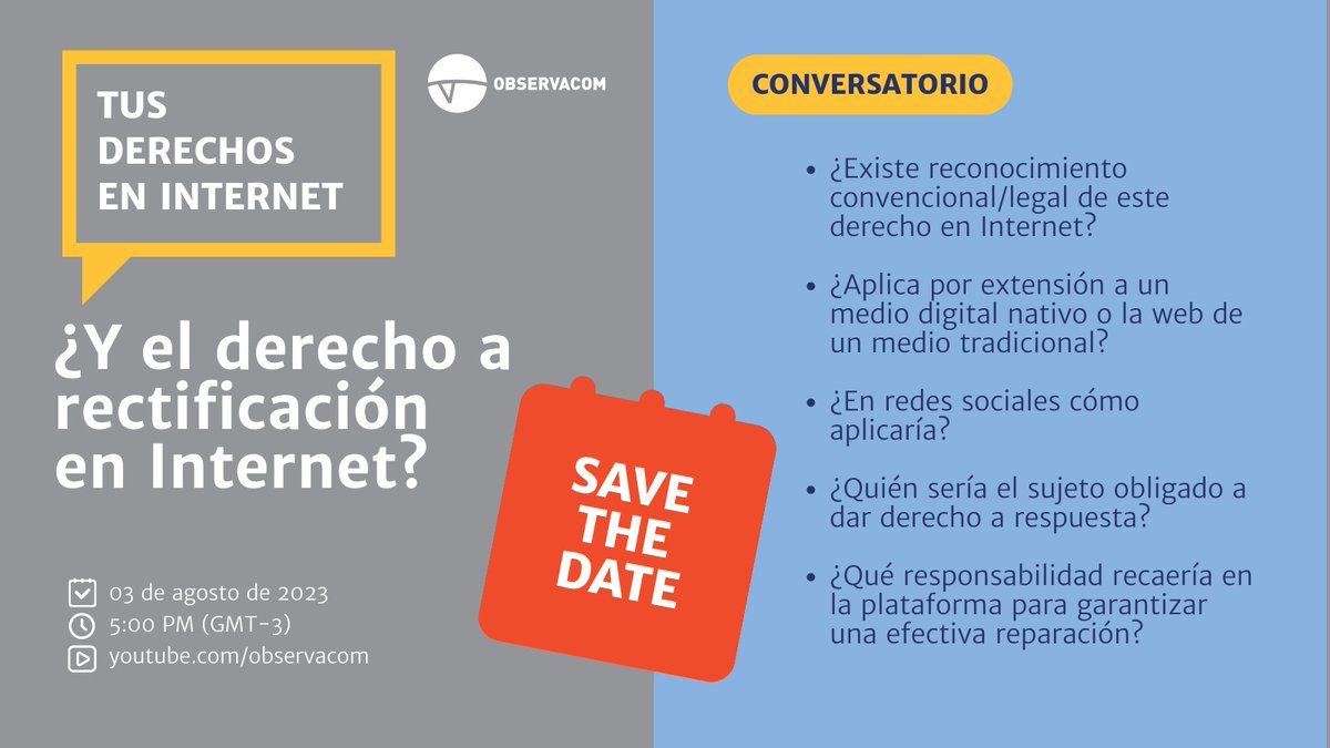#Agendar | 📣 Este jueves 3 de agosto no te pierdas el Conversatorio: ¿Y el derecho a rectificación en Internet?

🗓 3 de agosto
🕔 17:00 hs (GMT -3)

Seguilo en vivo en el siguiente enlace 🔗 bit.ly/DerechoRectifi…