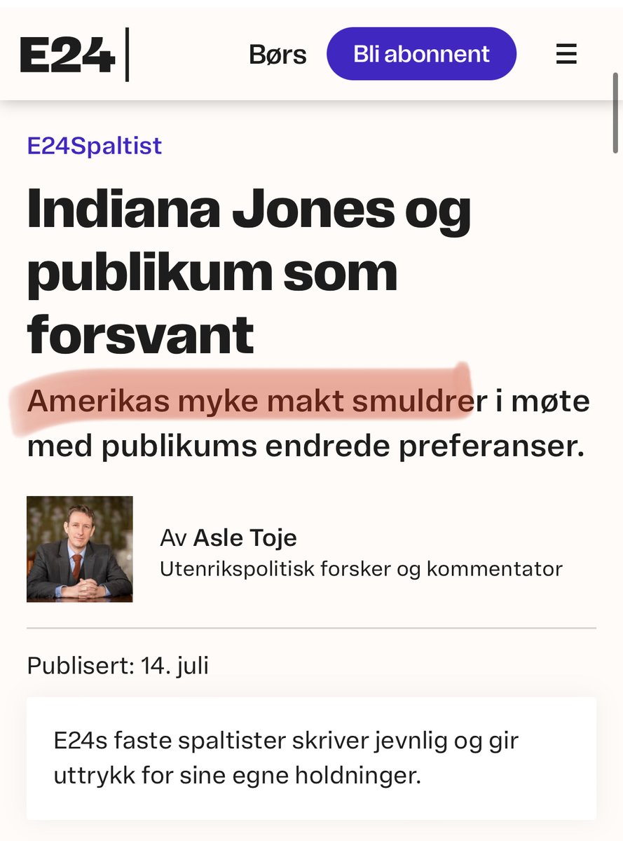Denne teksten av Asle Toje er den svakeste, minst etterrettelige medie- og kulturanalysen jeg har lest siden ... forrige medie- og kulturanalyse signert Asle Toje. 

Tråd/Rant:

e24.no/internasjonal-…