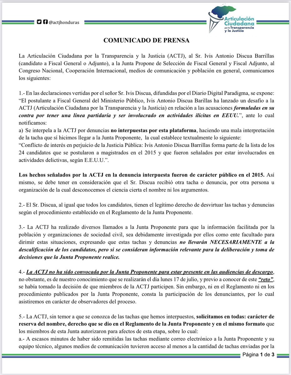 actjhonduras's tweet photo. Con respecto a las declaraciones del postulante Ivis Discua Barillas sobre las tachas interpuestas por la ACTJ ante la @JProponenteMP exigimos deduzcan responsabilidad por filtraciones que ponen en entredicho la confianza en este proceso. @hrw_espanol @WOLA_org @CIDH @DPLF_info https://t.co/dMXl2eeTcM