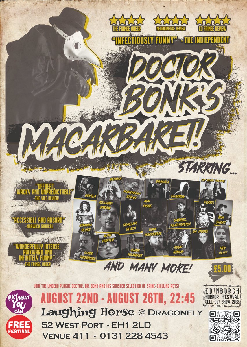 DR BONK MAKES HIS FRINGE DEBUT! 💀 Next month catch the hit sell-out show 'Dr Bonk's Macarbaret' from the 22nd-26th August, 22:45 at @DflyCocktailBar! 🍹 Laughs, Scares and Gore Galore in this madcap hour of madness! Drag, Magic, Comedy & More! 👻 tickets.edfringe.com/whats-on/dr-bo…