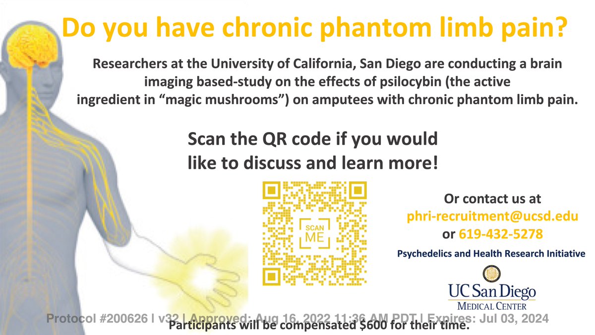 We are conducting a brain imaging based-study on the effects of psilocybin (active ingredient in “magic #mushrooms ) on individuals with chronic #phantom limb #pain. Please scan QR code and/or share if interested.