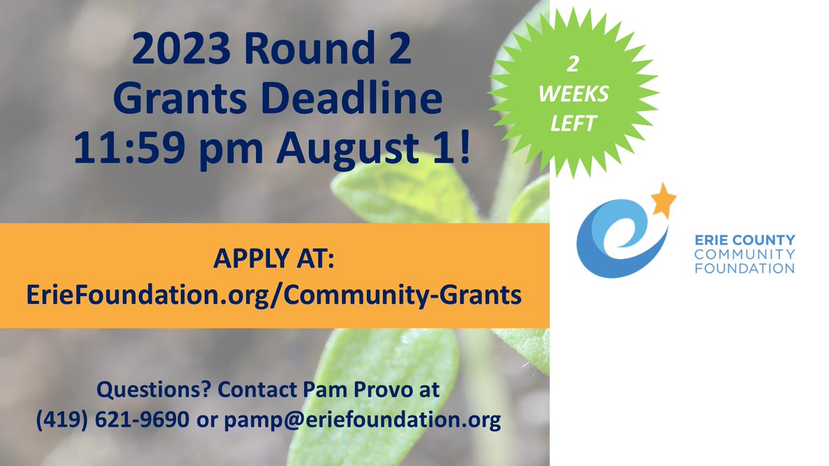 Only 2 weeks left to submit your grant application! 2023 Erie County Community Foundation Round 2 grant applications are due by 11:59 pm August 1, 2023. Applying organizations must be tax-exempt nonprofits under IRS section 501(c)(3).  eriefoundation.org/community-gran…