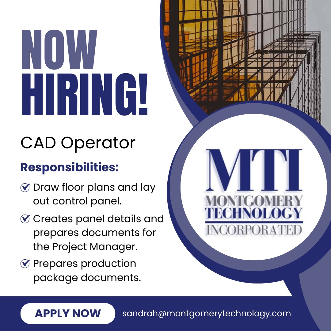 Southeast ALWorks (@sealaworks) on Twitter photo Montgomery Technology Incorporated is now hiring a CAD Operator! See the flyer below for the list of responsibilities, and apply today by emailing sandrah@montgomerytechnology.com! #Hiring #ApplyNow #MTI #southeastalabamaworks Montgomery Technology Incorporated is now hiring a CAD Operator! See the flyer below for the list of responsibilities, and apply today by emailing sandrah@montgomerytechnology.com! #Hiring #ApplyNow #MTI #southeastalabamaworks
