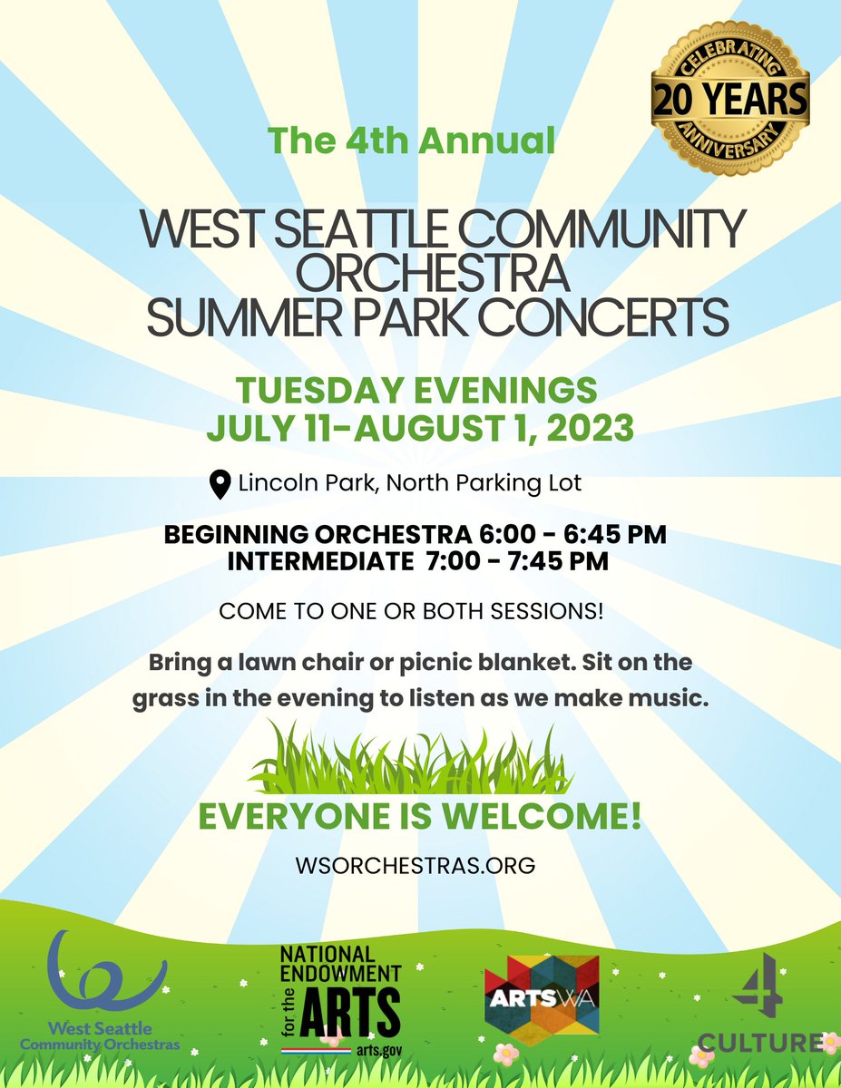 WSCOrchestras's tweet photo. 🎶🌳 See you at Lincoln Park in West Seattle on Tuesday evening 6-8pm to listen as we play👂or bring your🎺🎻instrument and play along with us (please register to play at  https://t.co/NvbC40HRDL). https://t.co/54sc2OJZ5i https://t.co/AjynvwtZey