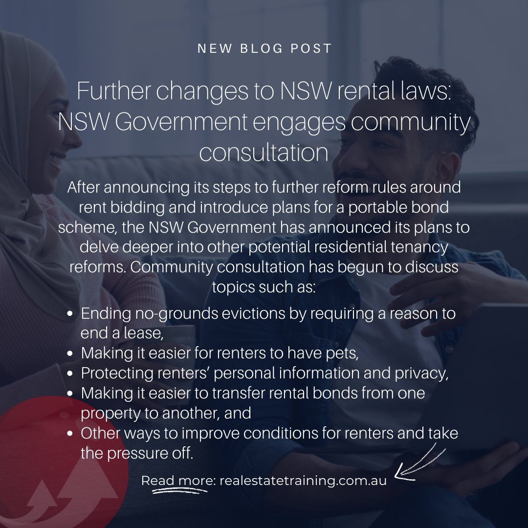 AustralianRETC's tweet photo. NEW BLOG POSTS: Updates around NSW rental reforms and new rental commissioner role 🆕

Read more: Link in bio 🔗

#realestate #newrentallaws #nswrealestatenews #realestateblog #realestatenews #realestatecourses #rto #rentingwithpets #learning #rentalreforms #nswfairtrading #cpd https://t.co/vGlDjnTwAE
