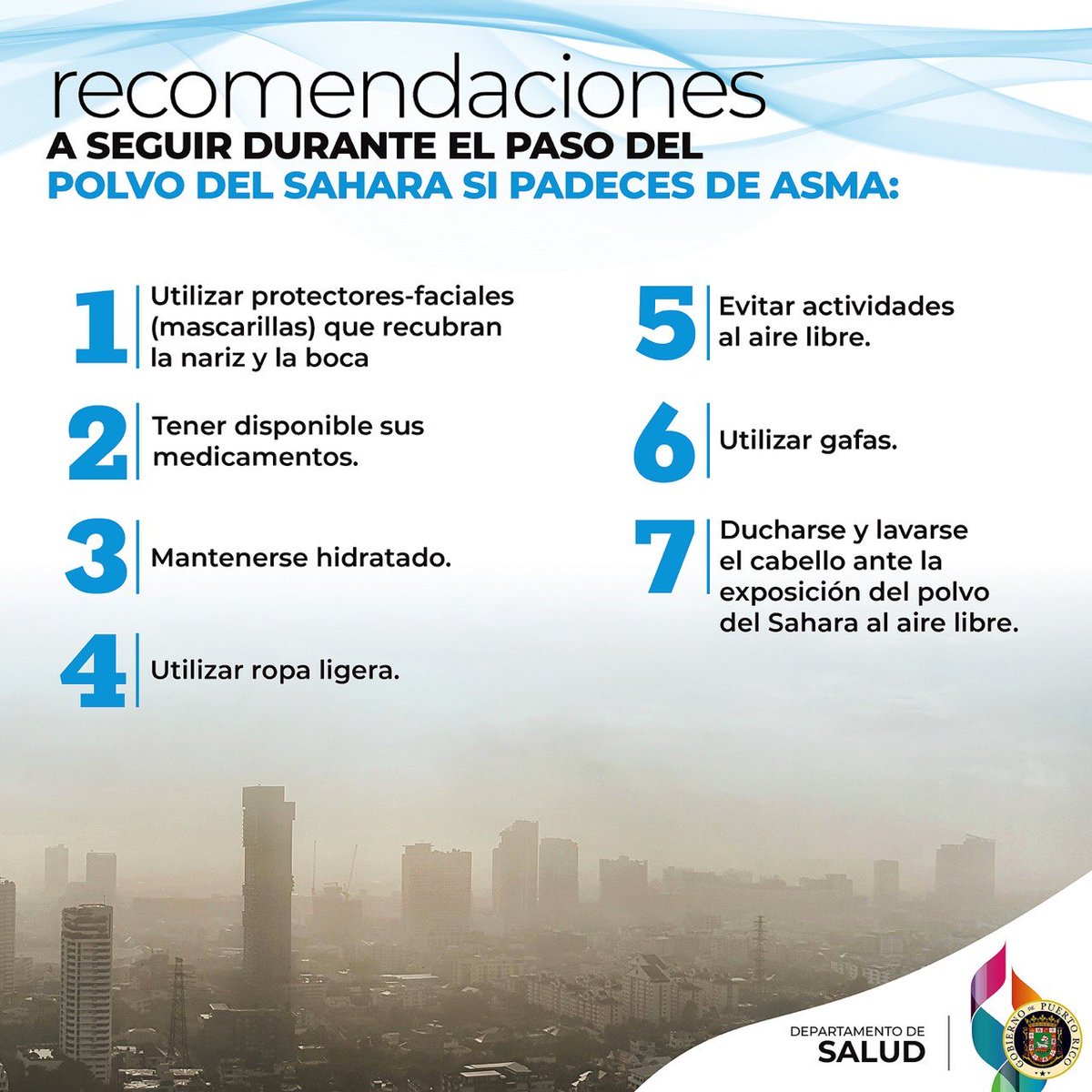 desaludpr's tweet photo. El polvo del Sahara suele afectar a personas que padecen de enfermedades respiratorias crónicas como: el asma, enfisema y bronquitis crónica. Sigue estas recomendaciones para protegerte y evitar un ataque de asma. 

ℹ️https://t.co/mMnKtbIGO6
#ManejoDelAsma #ControlDelAsma https://t.co/5XEmrTDjA8