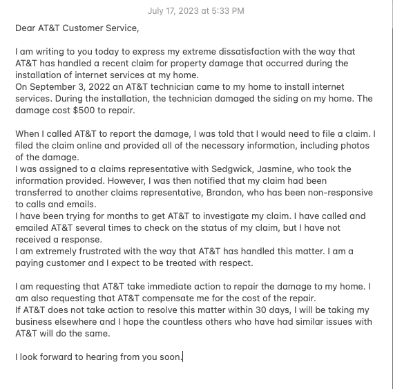 SarahSmarkel's tweet photo. @ATT  damaged my property and refuses to take responsibility! They keep trying to play telephone games with me, giving me random numbers to offices that don't exists, return calls, or wrong departments! PATHETIC! I will be switching carriers if something isn't done immediately! https://t.co/ScUs9PirVk