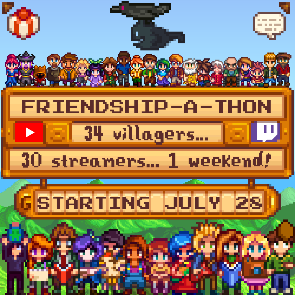 Starting July 28th: 30 streamers across YouTube and Twitch will be sharing one file to get all 34 giftable NPCs in Stardew Valley to maximum hearts!

Watch the cutscenes, attend the festivals, and experience the story-telling that make Stardew Valley one of our favorite games ♥️