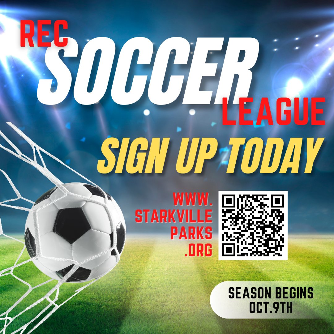 ⚽️⚽️ SOCCER SEASON IS FAST APPROACHING! ⚽️⚽️

Sign up for OUR BRAND NEW REC PROGRAM TODAY! For more information, go to starkvilleparks.org/190/2023-Youth… or scan the QR CODE below.