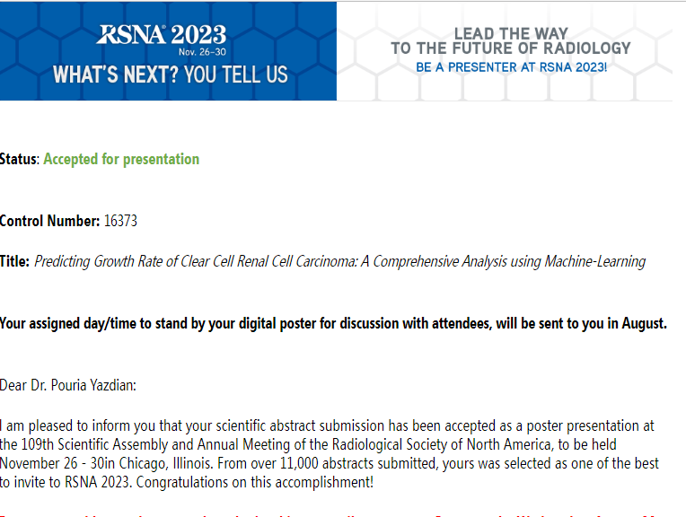 PouriaYazdian's tweet photo. I'm beyond thrilled to announce that not one, but TWO of my abstracts got accepted @RSNA. Now I'm eagerly holding my breath for the results of my other submitted abstracts. A huge shout out to the amazing #AMPrj team for their support and contributions
@aamalayeri
@NIHRadiology https://t.co/pPERcB96xb