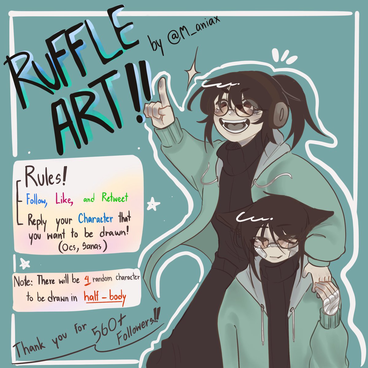 M_anxian's tweet photo. ✨️My First Ruffle Art✨️
•Rules !✨️
🔆 Follow , Like , and retweet
🔅Reply this tweet with your Character you want to be drawn ! ! ((Allow Ocs and Sonas))
🔆I will select 4 random characters and draw them in half-body
🔆Deadline : 30 July 2023
GOODLUCK YALL🎉✨️ https://t.co/Q6CjYHmxTI