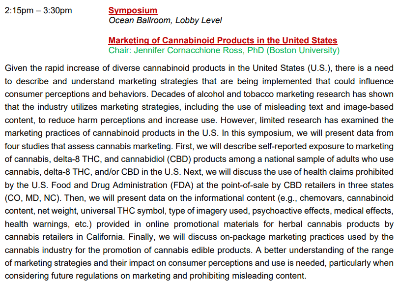 ResearchMJ's tweet image. Today at 2:15pm during #RSMj2023, researchers from @BU_Tweets, @EastCarolina, and @wakeforestmed present on the marketing of cannabinoid products in the United States. @JenCornacc @BUSPH @KathleenLEgan @ECUPublicHealth @BethReboussin