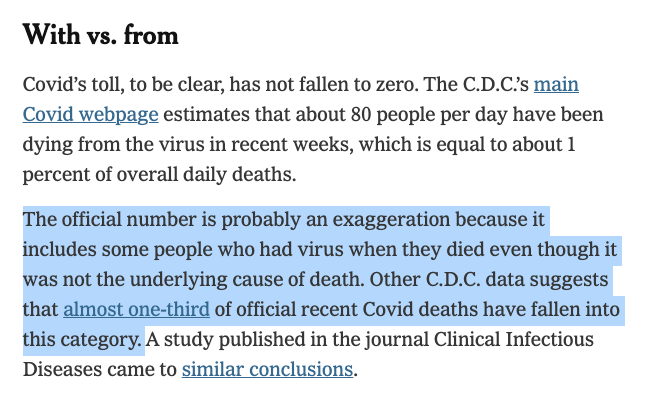 kevinnbass's tweet photo. After relentlessly calling it a "conspiracy theory", New York Times and CDC now admit:

Authorities overcounted COVID deaths and overhyped the pandemic.

About 1/3 of "official" COVID deaths, or hundreds of thousands of deaths, were not due to COVID.

https://t.co/MLj6Dx0D0X https://t.co/mghb0Ac3Dm