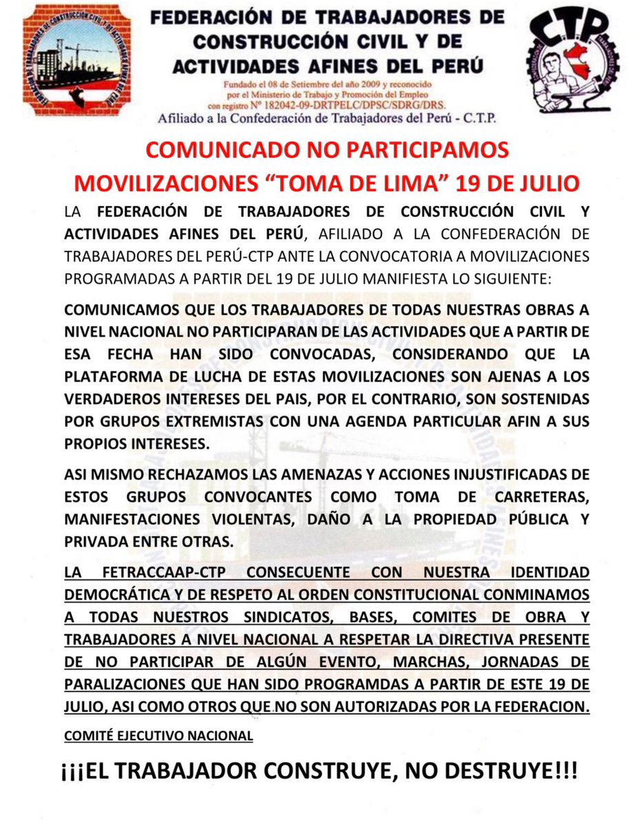 Este #19J NO participaremos de ningúna movilización desde el movimiento obrero no apoyamos agendas Extremistas.
 El Trabajador Construye, No destruye
<a href="/CtpPeru/">Confederación de Trabajadores del Perú</a> <a href="/FuerzaSindicalP/">Russell NGonzales 🇵🇪</a> <a href="/FidelBuitronP/">Fidel Buitron Espinoza</a> <a href="/canalN_/">Canal N</a> <a href="/willaxtv/">Willax Televisión</a> <a href="/RPPNoticias/">RPP Noticias</a> <a href="/Latina_pe/">Latina.pe</a> <a href="/primerafuente1/">🇵🇪 Elí Castelo</a>