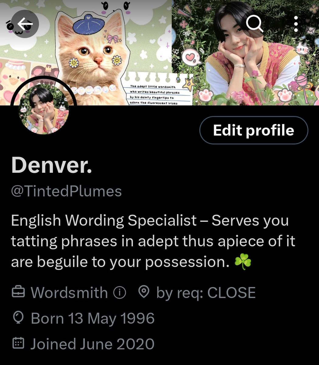selamat pagi, boleh help RT? much appreciated. ⭐

this has been your wordsmith, denver AKA <a href="/TintedPlumes/">Denver!</a> mulai sekarang pindah kesini ya, dikarenakan akunnya di makan elon 🥲 yang mau mutualan juga boleh and another fellow BA wording will be nice. thank you! 🌱

#zonauang