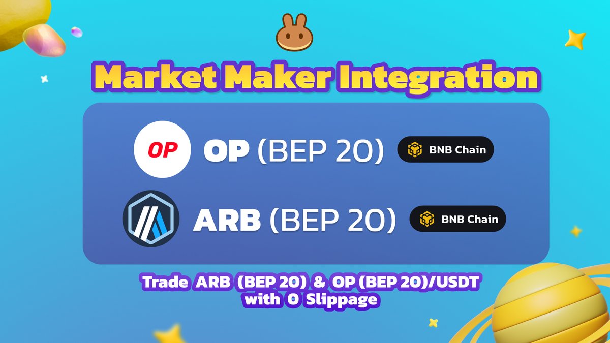 PancakeSwap's tweet photo. PancakeSwap's innovative approach, in collaboration with Market Makers and @CelerNetwork, offers zero slippage trades for ARB and OP tokens on the @BNBCHAIN. Here's how it works: https://t.co/5xMNVD8t6D