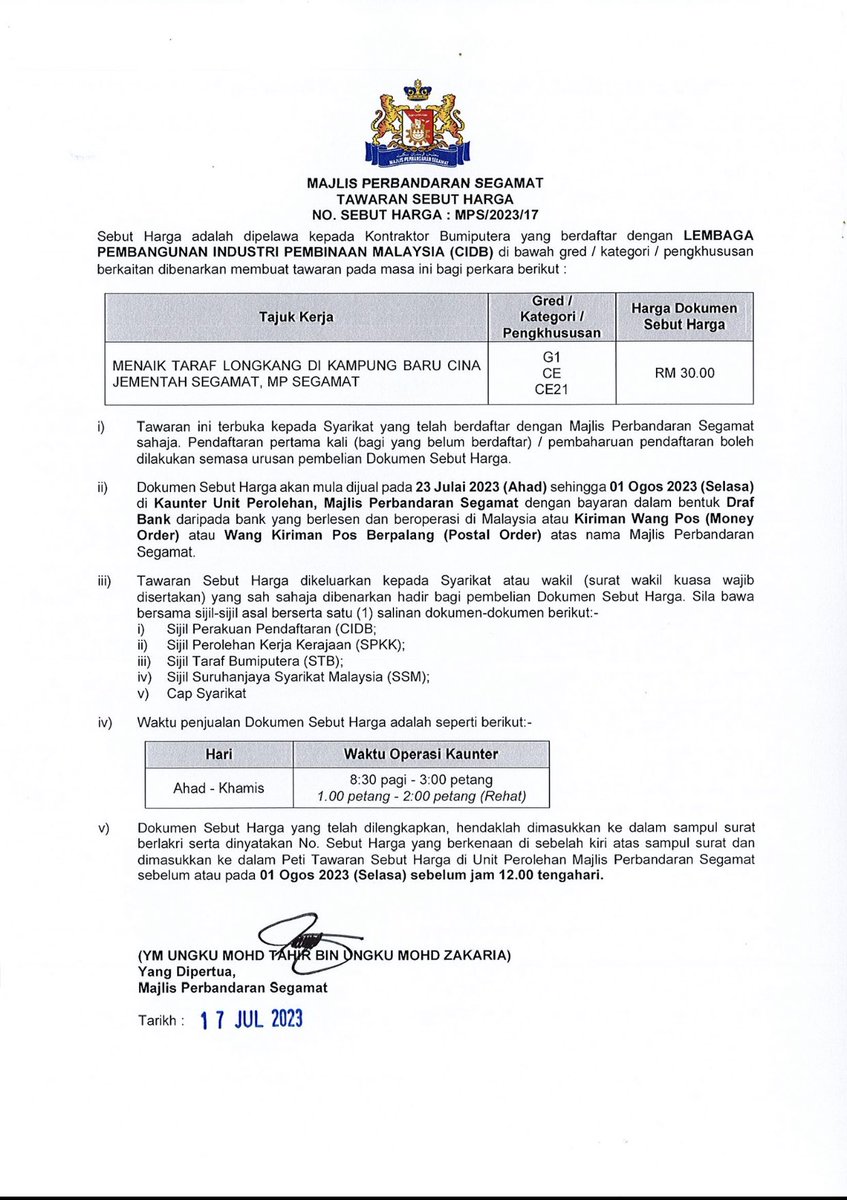 MPSegamat's tweet photo. Tawaran Sebutharga Majlis Perbandaran Segamat | 17 Julai 2023

Kepada sesiapa yang berminat boleh mendapatkan dokumen mulai 23 Julai 2023 sehingga 1 Ogos 2023 di Kaunter Unit Perolehan Majlis Perbandaran Segamat.

Allah Peliharakan Sultan
Allah Berkati Johor

#bangsajohor https://t.co/qzzZryfQIJ