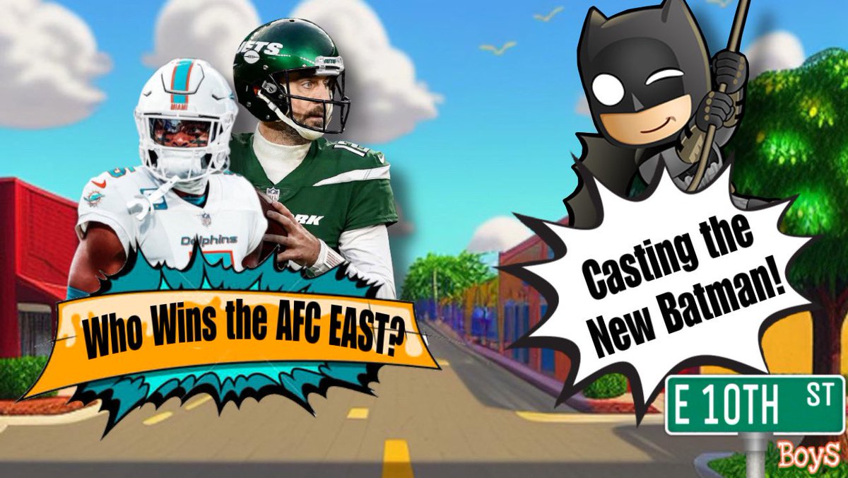 Hi #MiamiDolphins fans! E. 10th Street Boys is live! We predict the winners of each #NFL Division, talk with <a href="/DraftMaverick/">Mike 🏈 footballiance.com</a> about footballiance.com, &amp; try to cast <a href="/JamesGunn/">James Gunn</a>’s new Batman movie | Tune in now: youtube.com/live/6LsOao4HK… #dccomics #NFLTwitter #FinsUp #Batman #DC