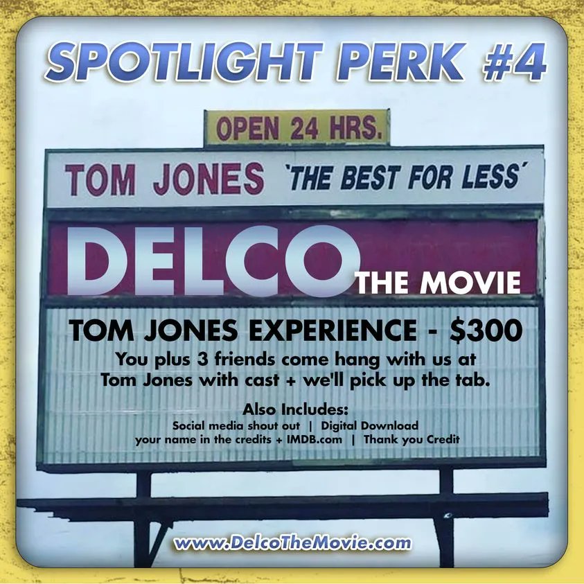 🕺🎶 Join us for a one-of-a-kind Tom Jones experience! 2 spots remaining to enjoy a memorable outing with 3 friends. Visit Tom Jones Restaurant with our cast and be part of something special. Reserve your spot today! 🎤🍹 #delcothemovie #tomjones #delco #crowdfunding