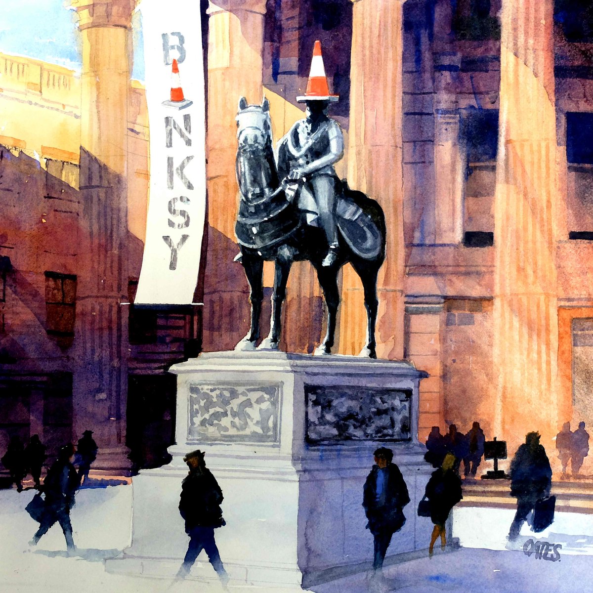 Duke of Wellington statue (watercolour) Gallery of Modern Art in Glasgow where the Banksy show is currently running. It will be the cover on my 2024 calendar ..The irreverence of it seems to appeal to the good folk of the city and "Banksy" by all accounts .lol.