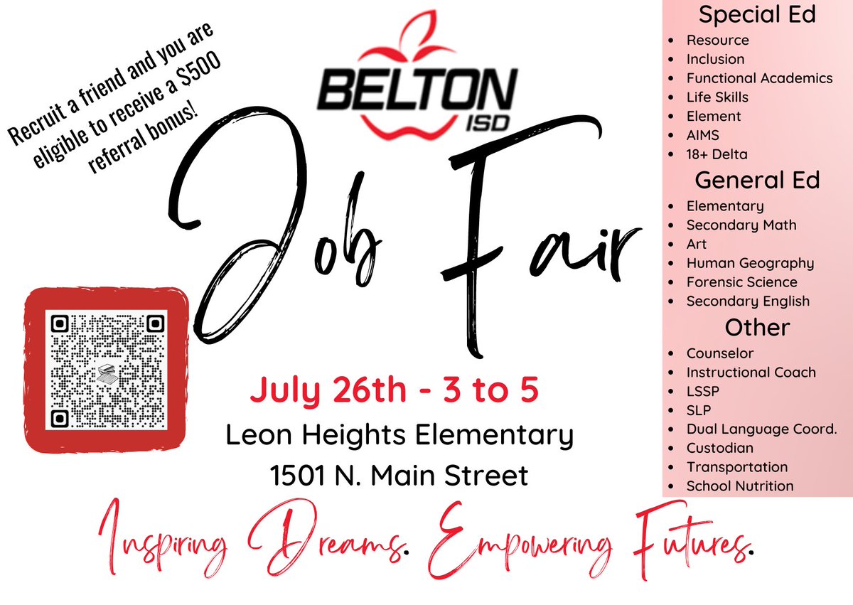 BeltonISDHR's tweet photo. July 26th - Hiring for all positions from 3 to 5 at Leon Heights Elementary.  Come join our Belton ISD Big Red Community!  
*Current employees....share to refer your friends and be eligible for that $500 referral bonus* https://t.co/0qYNaaEYJx
