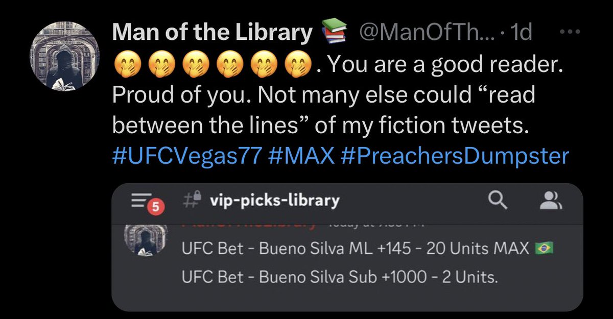 pizzaportnoy's tweet photo. Never forget when library trolled his own discord by telling them all that Holly Holm is the winner then flexes on Twitter after he bet 20 unit max on Silva 😂 not the first time he faked out his own discord with a “trap” bet https://t.co/EfhRGxjHI2