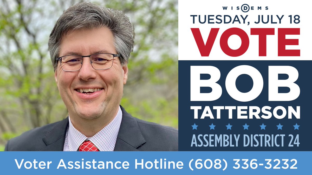WisDems's tweet photo. 🚨 TOMORROW: There’s a special election in Assembly District 24! Bob Tatterson will work tirelessly to bring opportunities to all in our community but we need to show up for him first. If you’re in AD 24, make your plan to vote—polls are open 7am-8pm: https://t.co/t8czo3k8KE https://t.co/ji6uKvgXII