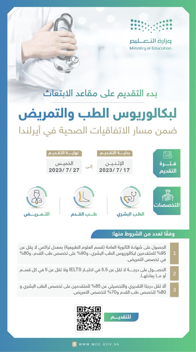 بدء التقديم على مقاعد الابتعاث لبكالوريوس الطب والتمريض؛ ضمن مسار الاتفاقيات الصحية في أيرلندا.
moe.gov.sa/ar/mediacenter…