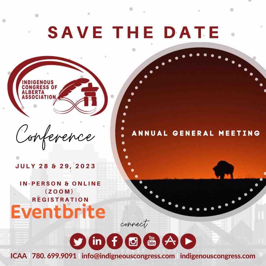🚨🚨 Reminder 🚨🚨

Save the date, this years AGM is July 28th &amp; 29th,2023. Please preregister via Eventbrite, click the link below to register.

eventbrite.ca/e/icaa-confere…

#ICAA
#metis
#indigenous
#Inuit
#alberta
#edmonton