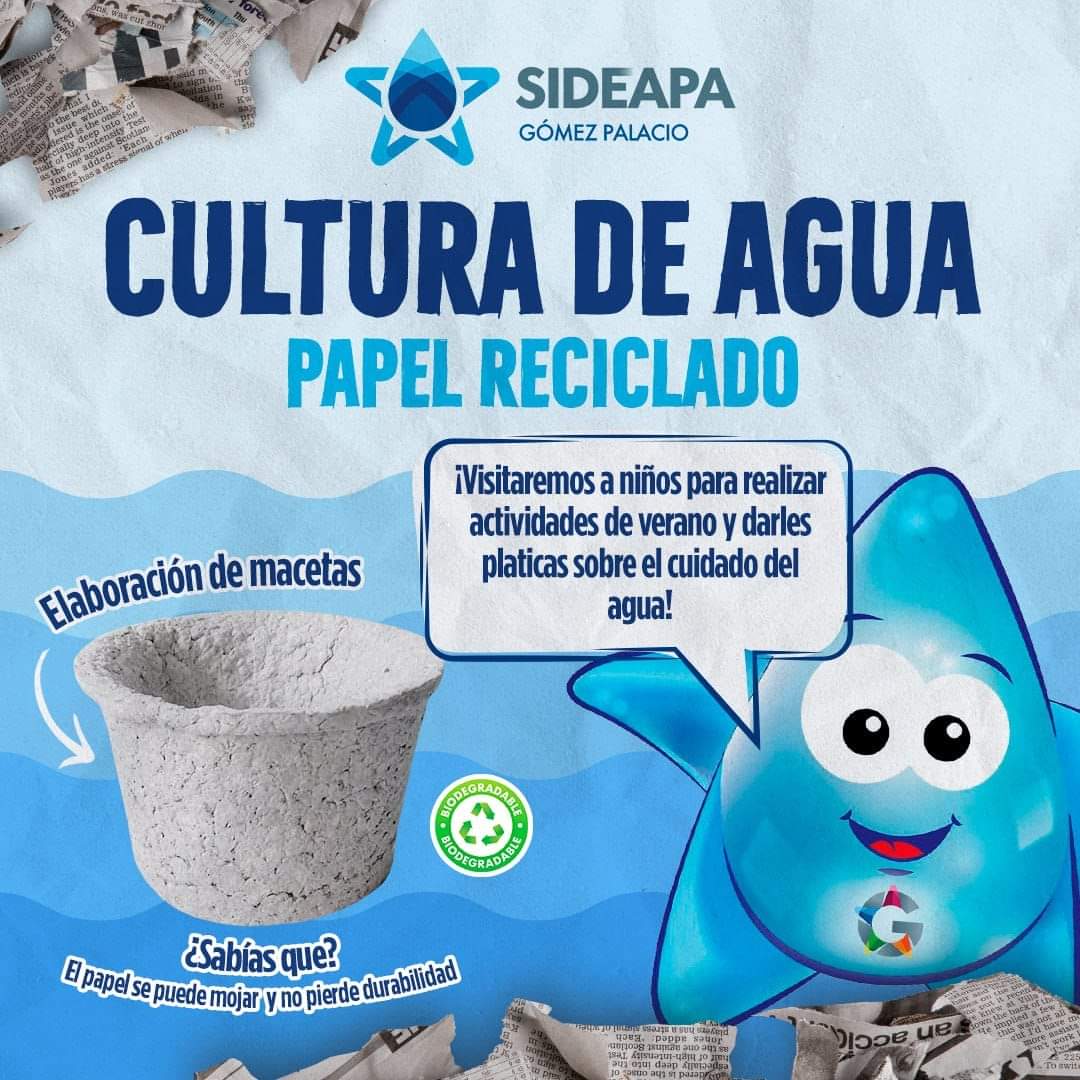 sideapa_gp's tweet photo. En #UnNuevoSideapa con #CulturadelAgua #GómezPalacio estamos visitando a los #pekes del hogar en su #cursodeverano para #Aprenderjugando cuidando el Agua y el Planeta con la cultura del #reciclaje de papel #HaciendoDelAguaNuestraEstrellaAprende a realizar maceta #biodegradable https://t.co/VwGGah4saR