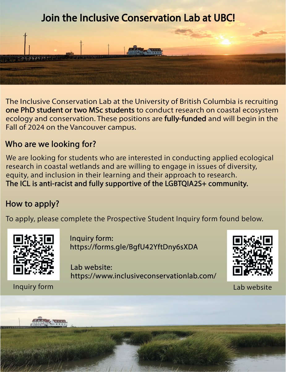 🚨 Graduate student position(s) avaialble! 🚨
We are recruiting graduate students to conduct coastal wetland ecology and conservation research beginning in the Fall of 2024! See the attached flyer for details. Please spread the word!