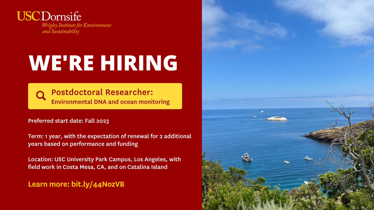 USCWrigley's tweet image. Fellowship Opportunity 📢 

Our Center for Earth and Environmental Systems is seeking applicants for a three-year postdoctoral fellowship to conduct research related to #EnvironmentalDNA and #OceanMonitoring.

Learn more: bit.ly/44NozVB