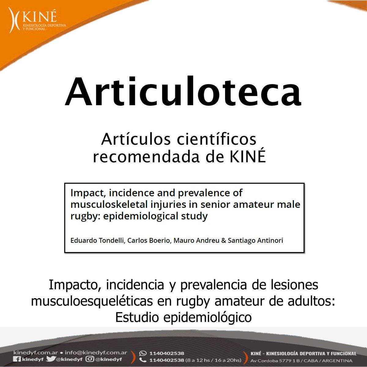 kinedyf's tweet photo. Artículo de la semana!  Otra investigación Argentina.🇦🇷🏉Impacto, prevalencia e incidencia de lesiones en jugadores de rugby en Argentina. 
 250 jugadores, ¡con 180 lesiones! 
Prevalencia: 52.4%.  Incidencia: 31/1000h de juego
1/3 https://t.co/fCDOHDhp1R
