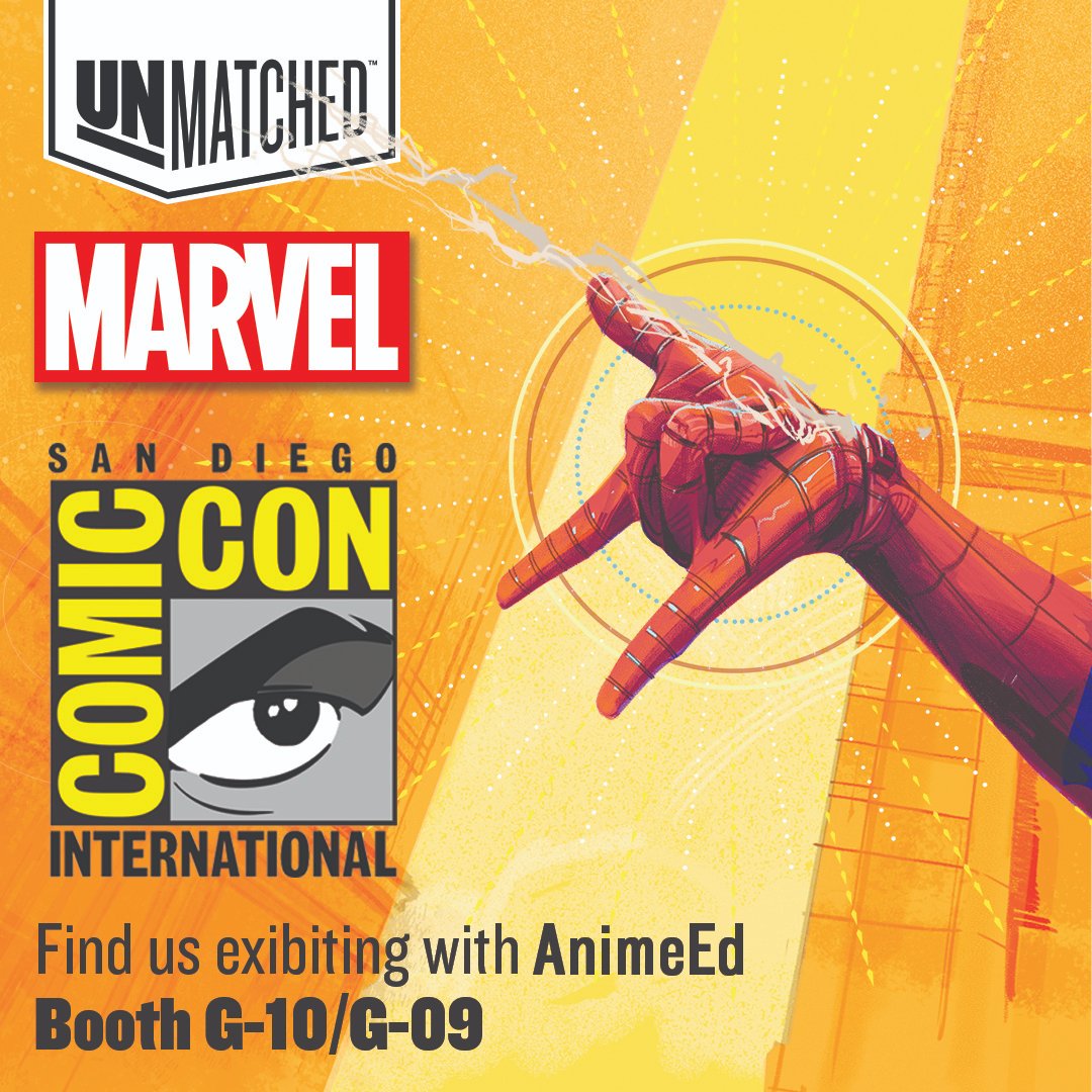 RestorationGame's tweet photo. For the first time ever, we'll be at @Comic_Con! Come say "hi" to Ian or Noah and pick up any of the Marvel Unmatched sets including the brand new Brains and Brawn (featuring Spider-Man, She-Hulk, and Doctor Strange)! #SDCC #SDCC2023 https://t.co/KevL0FbMEr