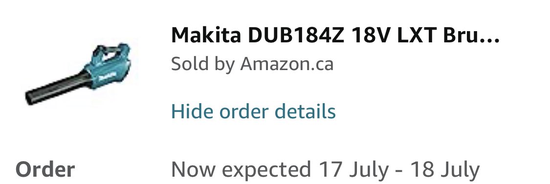 jones_john's tweet photo. Ordered this @MakitaCanada Blower from @amazon last week. Was told 2 day shipping, and it never showed up. Every day now it says maybe the next day.
Called Amazon, they said the @MakitaTools Blower would be here by the 30th, maybe.

Canceled my prime.
Fuck Amazon. https://t.co/lgW2zrnX63