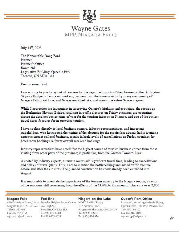 Wayne_Gates's tweet photo. Today, I wrote to the Premier, the Minister of Tourism, and the Minister of Transportation on the closures on the Niagara-bound Burlington Skyway and its effect on tourism here in Niagara Falls. https://t.co/JI8A1EPPaH