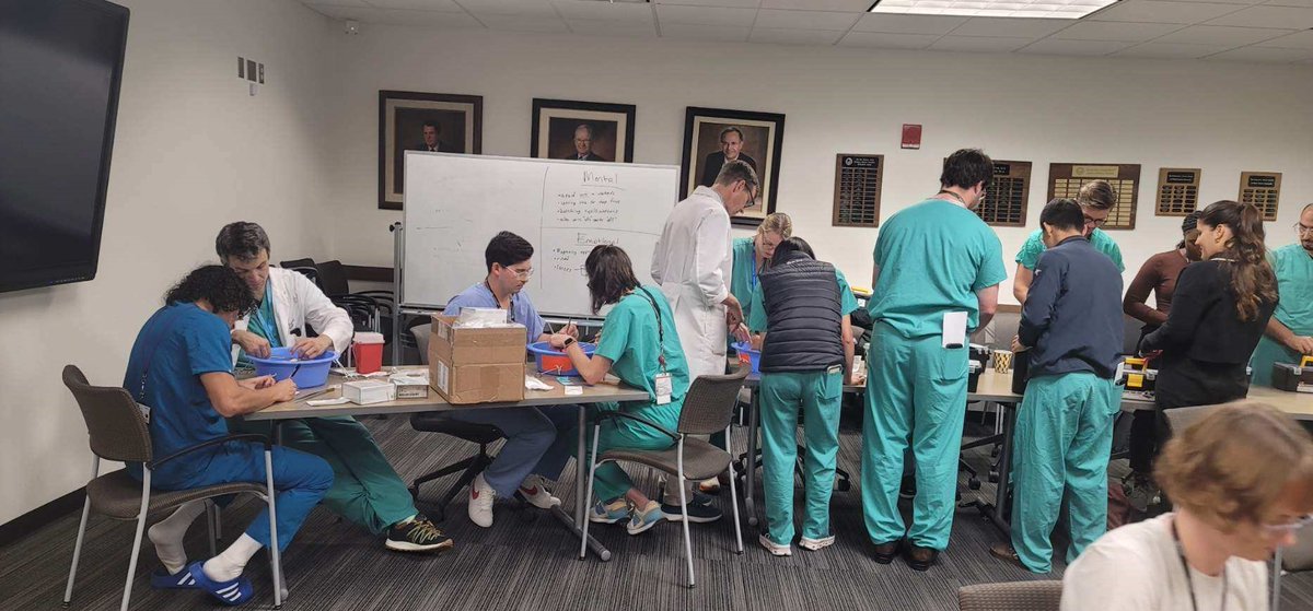 The interns are working hard on their simulations today - from suturing to intubation to central line and chest tube placement! <a href="/CUDeptSurg/">CU Anschutz Department of Surgery</a>