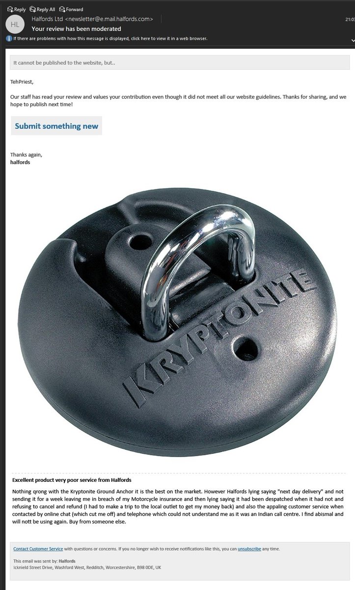 TechItOut_UK's tweet image. Well what a suprise. @Halfords &quot;moderated&quot; othise known as deleted my honest review of the poor service I recieved.