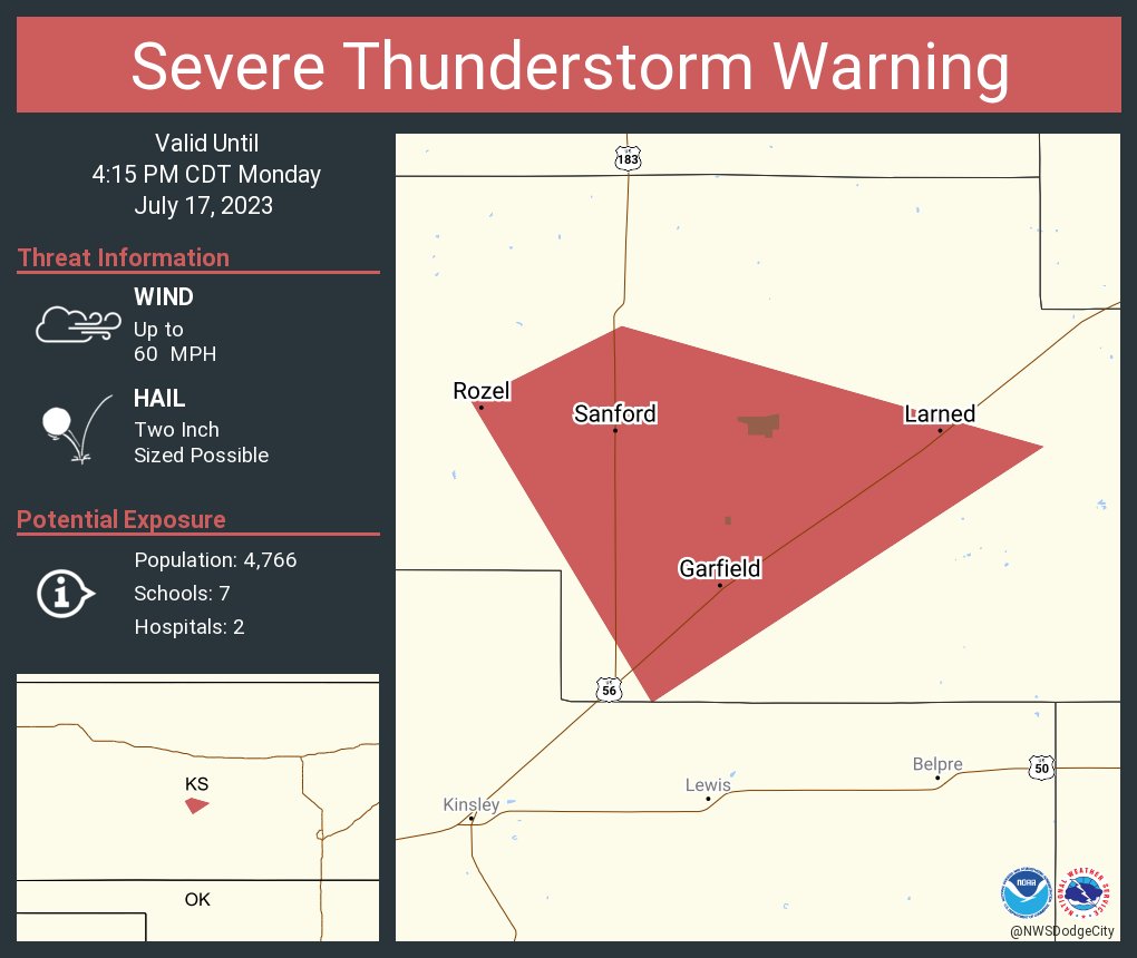 NWS Dodge City on Twitter "Severe Thunderstorm Warning continues for Larned KS, Garfield KS and