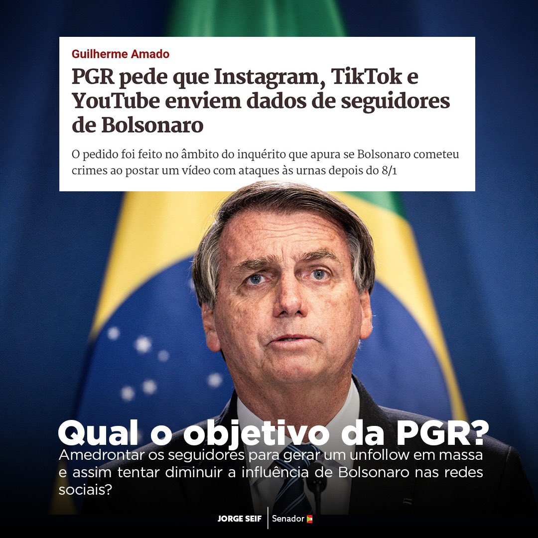 jorgeseifjunior's tweet photo. O Ministério Público Federal solicitou ao STF que as empresas de redes sociais em que Bolsonaro tem conta, como Instagram, TikTok, Facebook, YouTube, Twitter e LinkedIn, enviem um arquivo com a lista completa e os dados de identificação de todos os seus seguidores.

É mais um absurdo! É mais um golpe na liberdade de expressão e na democracia brasileira!