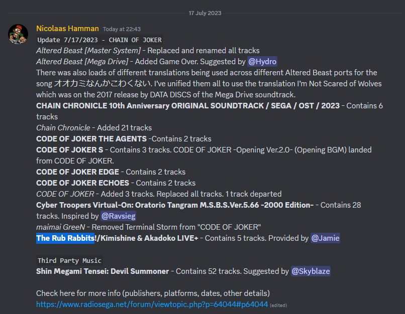 RadioSEGA's tweet photo. Latest Playlist Update from 17 July 2023.
We've got the new #CodeofJoker and #ChainChronicle albums to fawn over, but there's also missed content from the #AlteredBeast #VirtualOn and #TheRubRabbits franchises to gawk at.

https://t.co/0StAgdmCNh https://t.co/9VOnHHraBU