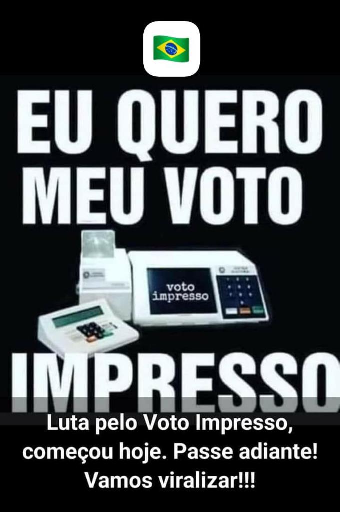 Brasil precisa do voto impresso. Contagem Pública do Voto. 100% dos votos impressos contados na própria seção eleitoral. Se o resultado coincidir com o Boletim da Urna Eletrônica, o processo foi limpo, honesto e seguro, sem deixar dúvidas. <a href="/SenadoFederal/">Senado Federal</a> e <a href="/camaradeputados/">Câmara dos Deputados</a>