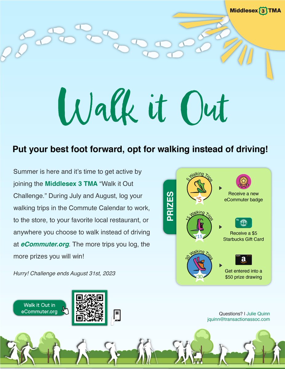 Join the #Middlesex3 TMA this summer by participating in our #WalkitOut Challenge! This July and August, log your walking trips to work, the store, or anywhere you choose to walk instead of drive, to be eligible to win our range of prizes: loom.ly/odwSoFQ