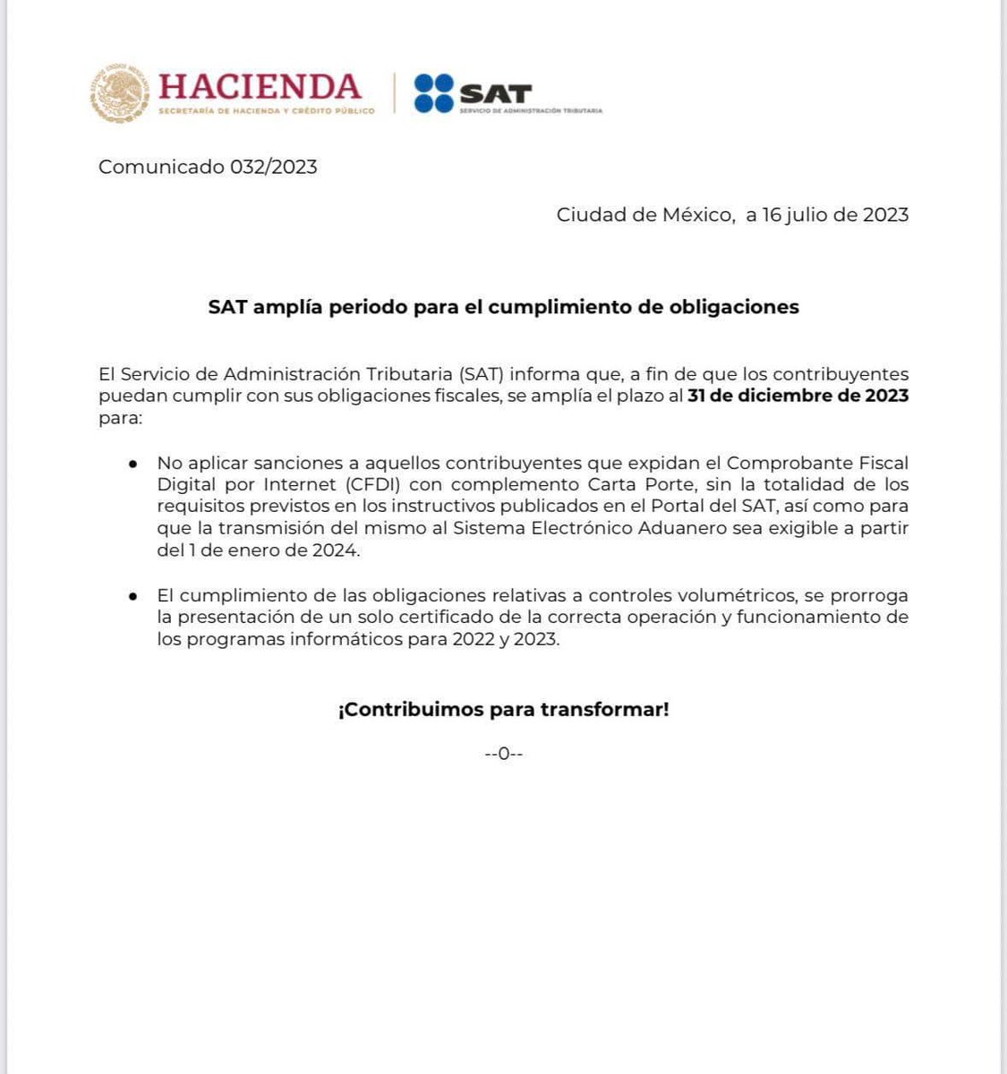 bpsmexico's tweet photo. El Servicio de Administración Tributaria (SAT) informa que, a fin de que los contribuyentes puedan cumplir con sus obligaciones fiscales de Carta Porte, se amplía el plazo al 31 de diciembre de 2023. Más información en: https://t.co/Lle3Hl77Uh https://t.co/fuvTYliout