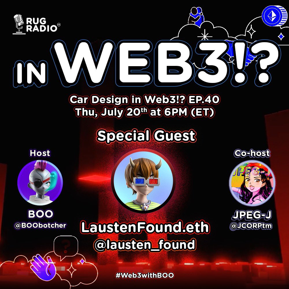 Tune in Thursday 6PM ET ! ! ! 

Hosts: <a href="/BOObotcher/">BOO 🛟</a> &amp; <a href="/jcorptm/">Jpeg-J.eth ❤️‍🔥</a> 

Guest: <a href="/lausten_found/">LaustenFound</a> 

Sponsor: <a href="/BuccaneersOTB/">DAB3xyz | BuccaneersOTB | GiveFi</a> 

Only on <a href="/RugRadio/">Rug Radio</a> 🛰️